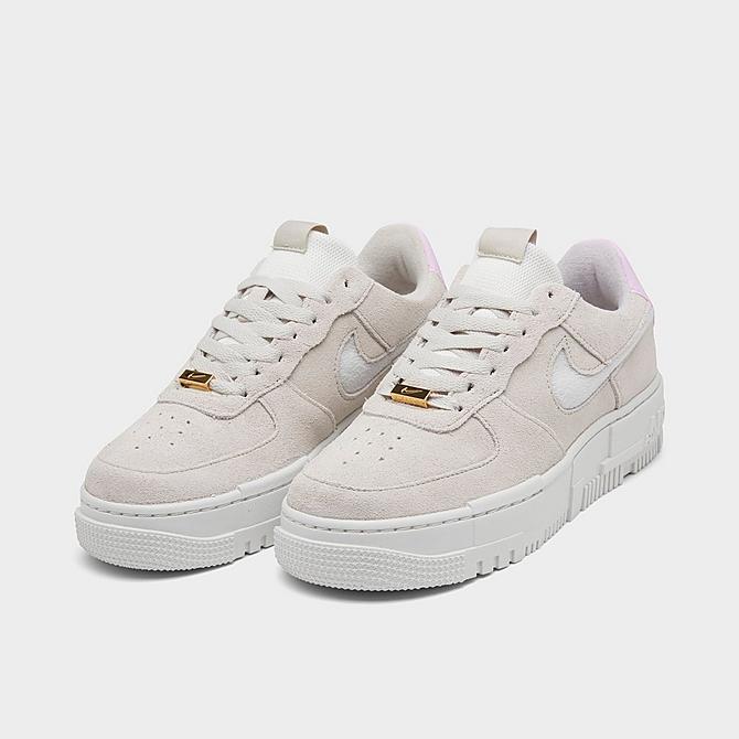 Three Quarter view of Women's Nike Air Force 1 Pixel Suede Casual Shoes in Summit White/Photon Dust/Light Bone Click to zoom