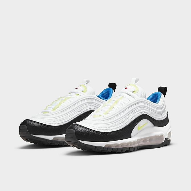 Three Quarter view of Big Kids' Nike Air Max 97 Patch Casual Shoes in White/Summit White/Black/Light Lemon Twist Click to zoom
