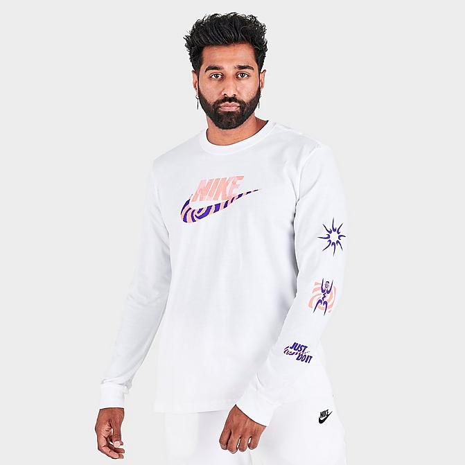 Front view of Men's Nike Sportswear Graphic Print Long-Sleeve T-Shirt in White Click to zoom