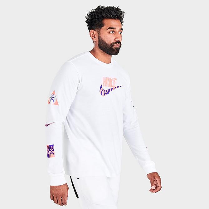 Back Left view of Men's Nike Sportswear Graphic Print Long-Sleeve T-Shirt in White Click to zoom