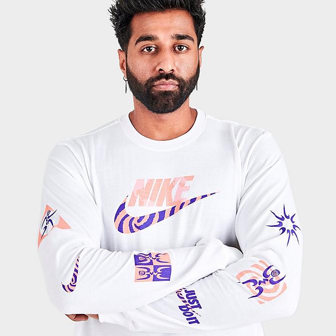 On Model 5 view of Men's Nike Sportswear Graphic Print Long-Sleeve T-Shirt in White Click to zoom