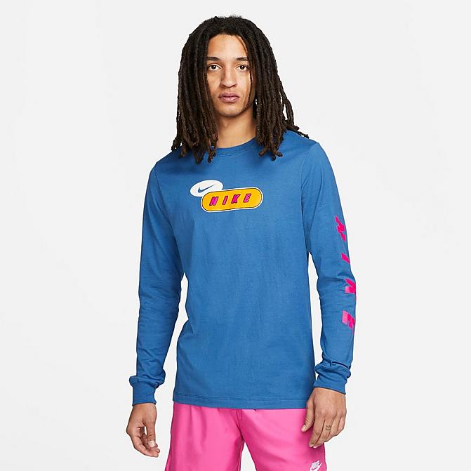 Front view of Men's Nike Sportswear Graphic Long-Sleeve T-Shirt in Dark Marina Blue Click to zoom