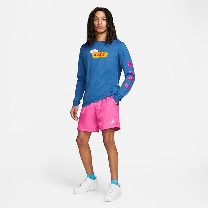 Front Three Quarter view of Men's Nike Sportswear Graphic Long-Sleeve T-Shirt in Dark Marina Blue Click to zoom