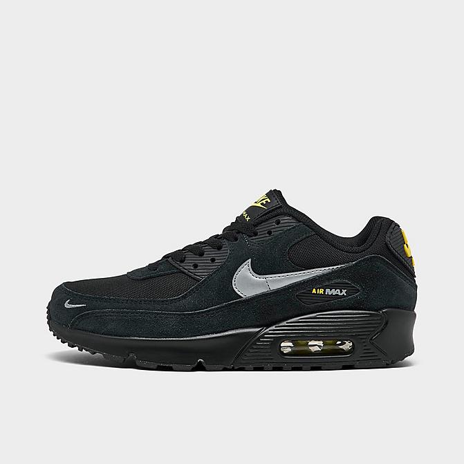 Right view of Big Kids' Nike Air Max 90 GS Casual Shoes in Black/Metallic Cool Grey/Yellow Strike Click to zoom