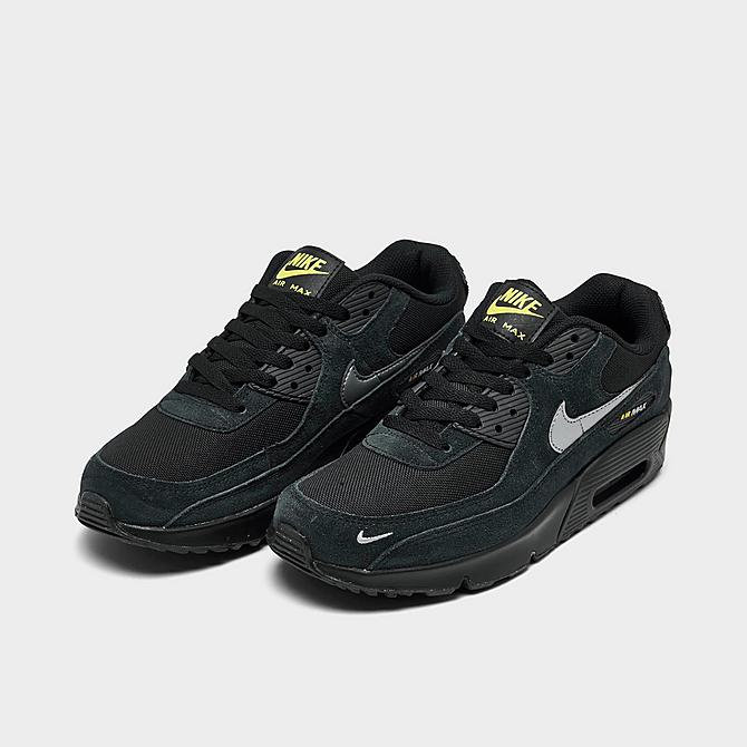 Three Quarter view of Big Kids' Nike Air Max 90 GS Casual Shoes in Black/Metallic Cool Grey/Yellow Strike Click to zoom