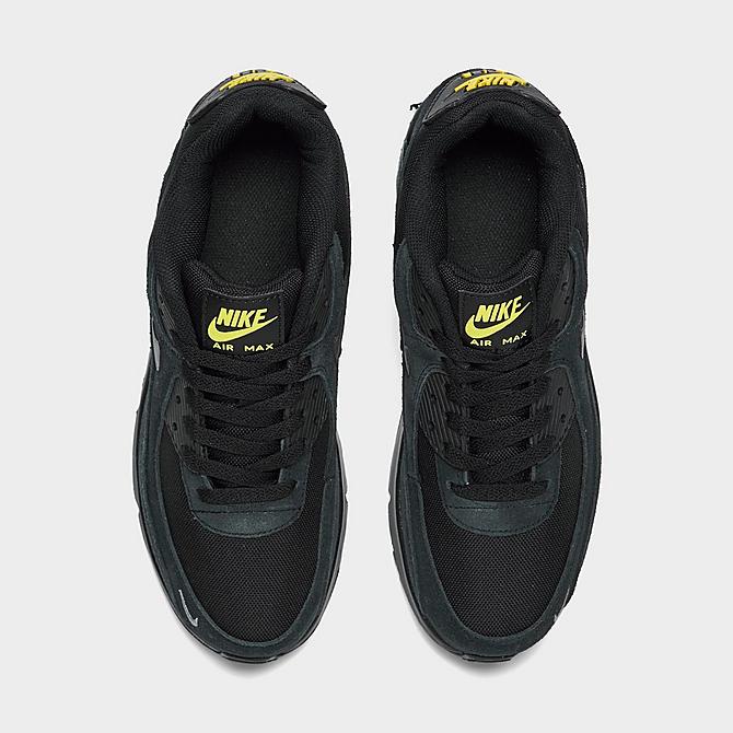 Back view of Big Kids' Nike Air Max 90 GS Casual Shoes in Black/Metallic Cool Grey/Yellow Strike Click to zoom