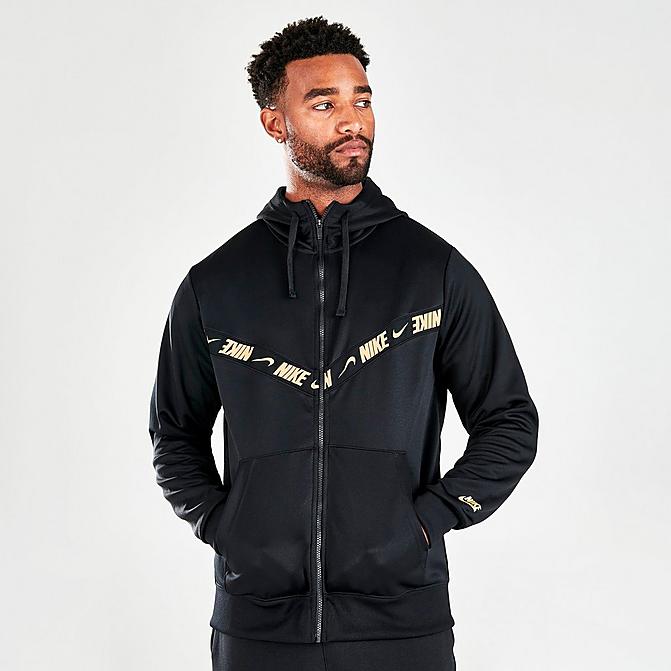 Front view of Men's Nike Sportswear Full-Zip Hoodie in Black/Metallic Gold Click to zoom