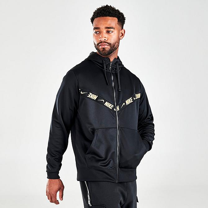 Back Left view of Men's Nike Sportswear Full-Zip Hoodie in Black/Metallic Gold Click to zoom