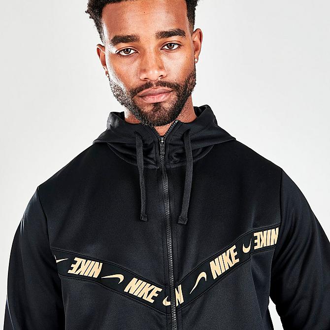 On Model 5 view of Men's Nike Sportswear Full-Zip Hoodie in Black/Metallic Gold Click to zoom