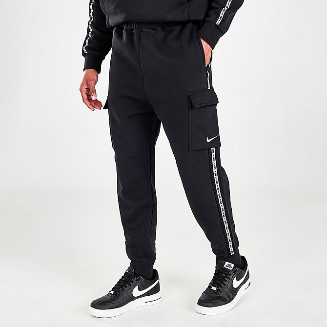 Front Three Quarter view of Men's Nike Sportswear Repeat Jogger Pants in Black/Reflective Silver Click to zoom