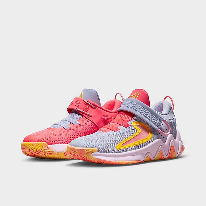 Three Quarter view of Little Kids’ Nike Giannis Immortality 2 Basketball Shoes in Hot Punch/University Blue/Pink Foam/Laser Orange Click to zoom