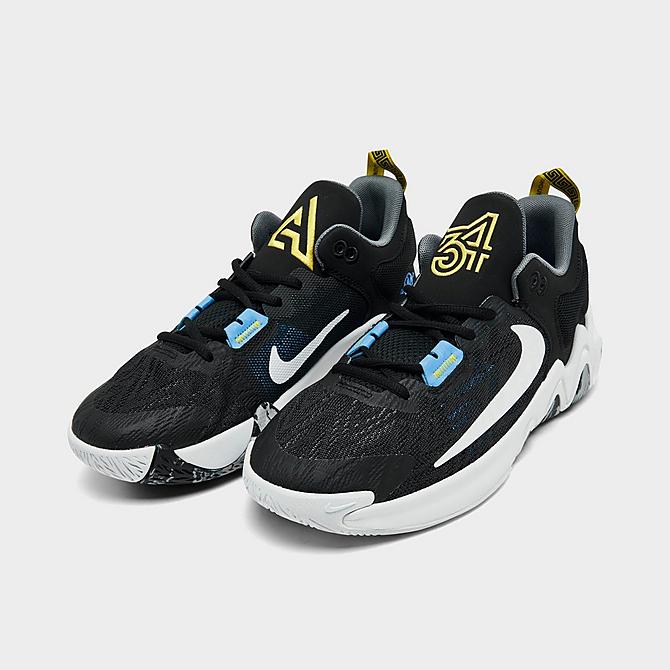 Three Quarter view of Big Kids’ Nike Giannis Immortality 2 Basketball Shoes in Black/White/University Blue/Smoke Grey Click to zoom