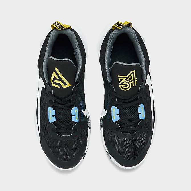 Back view of Big Kids’ Nike Giannis Immortality 2 Basketball Shoes in Black/White/University Blue/Smoke Grey Click to zoom