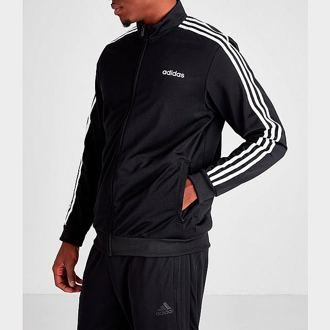 Front Three Quarter view of Men's adidas Essentials 3-Stripes Tricot Track Jacket in Black/White Click to zoom