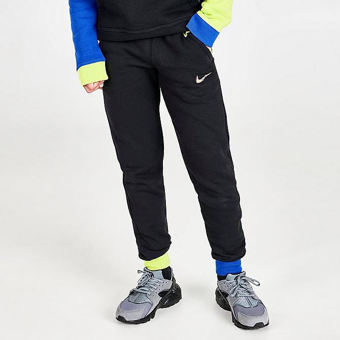 Front Three Quarter view of Boys' Nike Sportswear Digi Logo Colorblock Jogger Pants in Black/Game Royal/Cyber Click to zoom