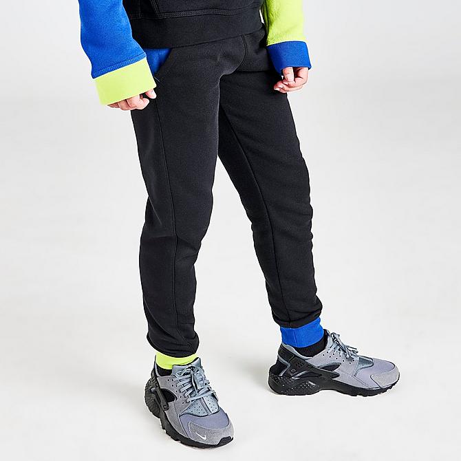 Back Left view of Boys' Nike Sportswear Digi Logo Colorblock Jogger Pants in Black/Game Royal/Cyber Click to zoom