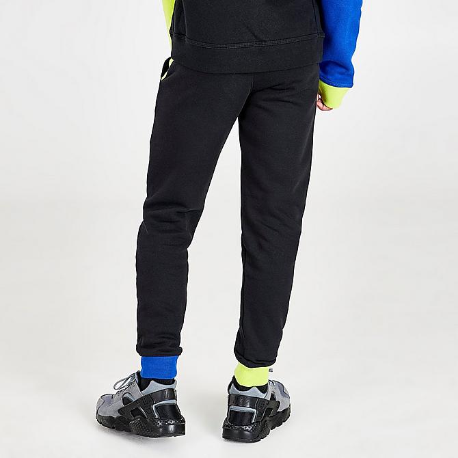 Back Right view of Boys' Nike Sportswear Digi Logo Colorblock Jogger Pants in Black/Game Royal/Cyber Click to zoom