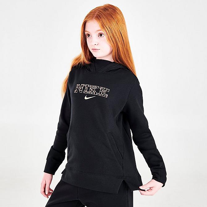 Back Left view of Girls' Nike Sportswear Leopard Infill Pullover Hoodie in Black Click to zoom