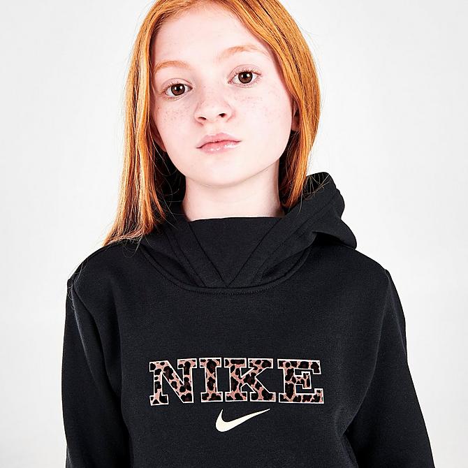 On Model 5 view of Girls' Nike Sportswear Leopard Infill Pullover Hoodie in Black Click to zoom