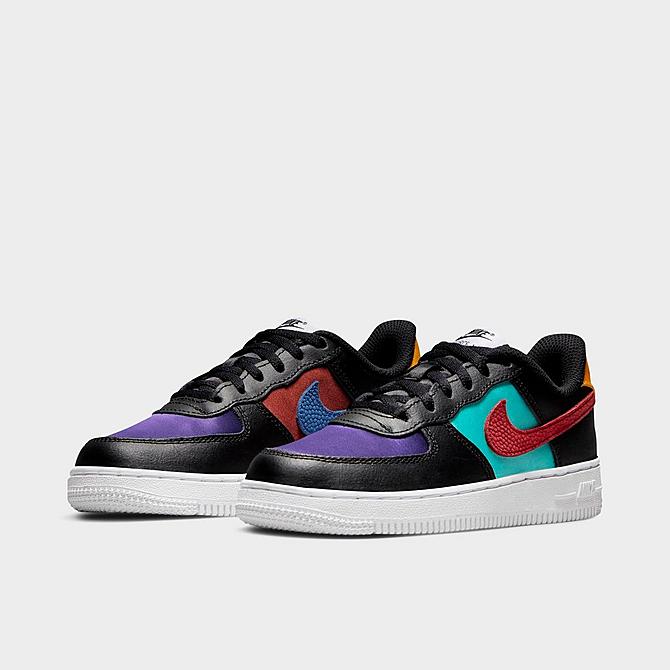 Three Quarter view of Little Kids' Nike Force 1 '06 LV8 EMB Casual Shoes in Black/Washed Teal/Court Purple/Gym Red Click to zoom