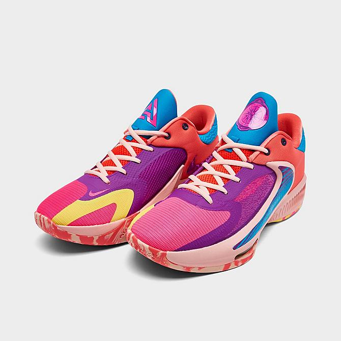 Three Quarter view of Nike Zoom Freak 4 Basketball Shoes in Vivid Purple/Laser Blue/Hyper Pink Click to zoom