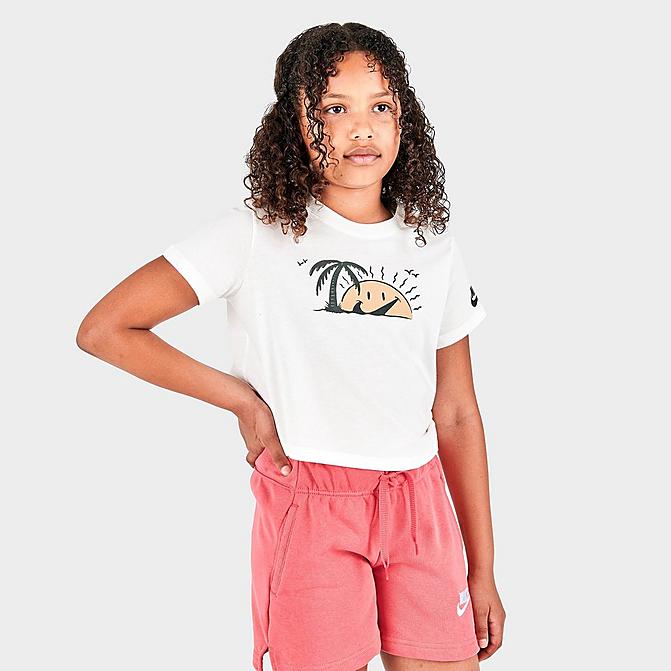 Front view of Girls' Nike Sportswear Sun Club Cropped T-Shirt in Sail Click to zoom