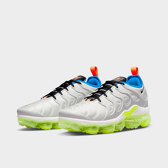 Three Quarter view of Women's Nike Air VaporMax Plus Running Shoes in Photon Dust/Black/Volt/Total Orange/Summit White/Light Photo Blue Click to zoom
