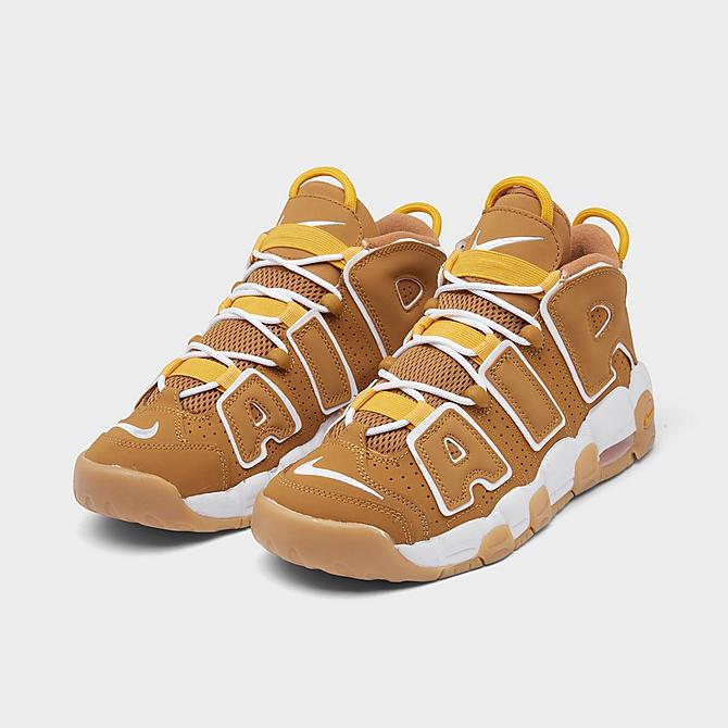 Three Quarter view of Boys' Big Kids' Nike Air More Uptempo '96 Basketball Shoes in Wheat/Pollen/Gum Light Brown/White Click to zoom
