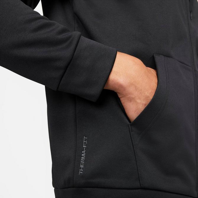 [angle] view of Men's Nike Therma-FIT Full-Zip Hoodie in Black/Black/White Click to zoom