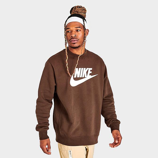 Mens Sportswear Club Fleece Futura Logo Crewneck Sweatshirt in Brown/Cacao Wow Size Small Cotton/Polyester/Fleece Finish Line Men Clothing Sweaters Sweatshirts 