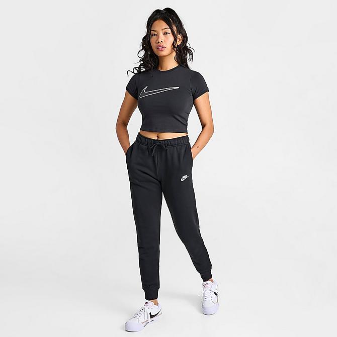 Front Three Quarter view of Women's Nike Sportswear Club Fleece Mid-Rise Jogger Pants in Black/White Click to zoom