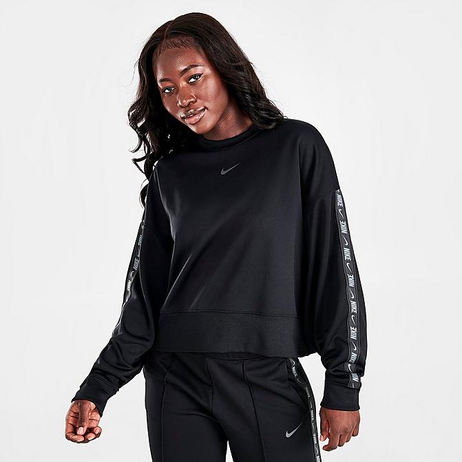 Front view of Women's Nike Sportswear Tape Logo Oversized Sweatshirt in Black Click to zoom