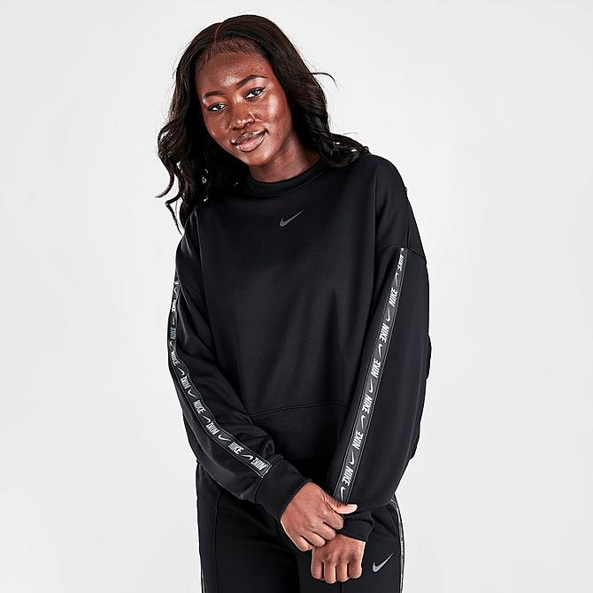 Back Left view of Women's Nike Sportswear Tape Logo Oversized Sweatshirt in Black Click to zoom