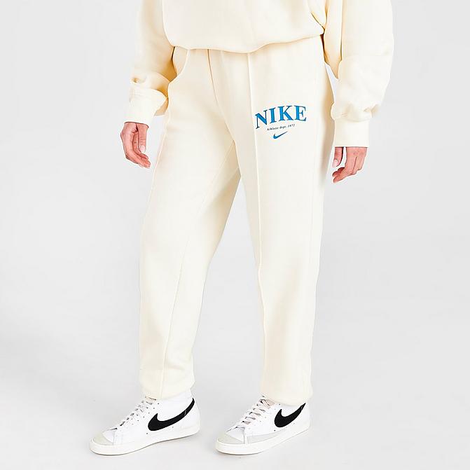 Front view of Women's Nike Sportswear Collection Essentials Collegiate Fleece Jogger Pants in Coconut Milk/Dutch Blue Click to zoom