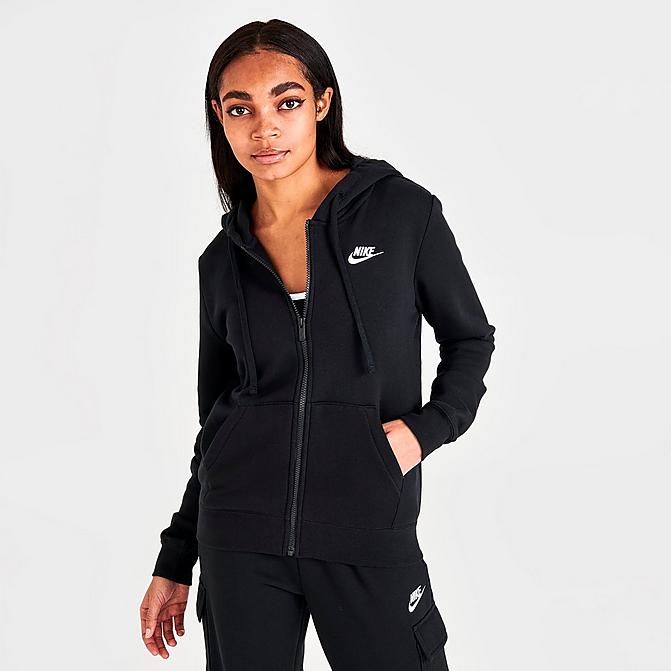 Front view of Women's Nike Sportswear Club Fleece Full-Zip Hoodie in Black/White Click to zoom