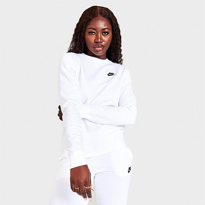 Front view of Women's Nike Sportswear Club Fleece Crewneck Sweatshirt in White/Black Click to zoom