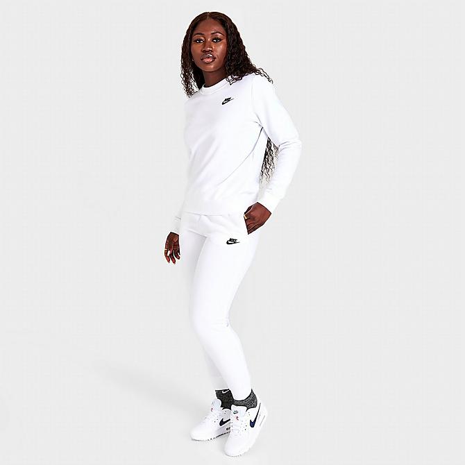 Front Three Quarter view of Women's Nike Sportswear Club Fleece Crewneck Sweatshirt in White/Black Click to zoom