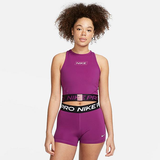 Front view of Women's Nike Pro Dri-FIT Graphic Crop Tank in Viotech/Cave Purple/Desert Berry Click to zoom