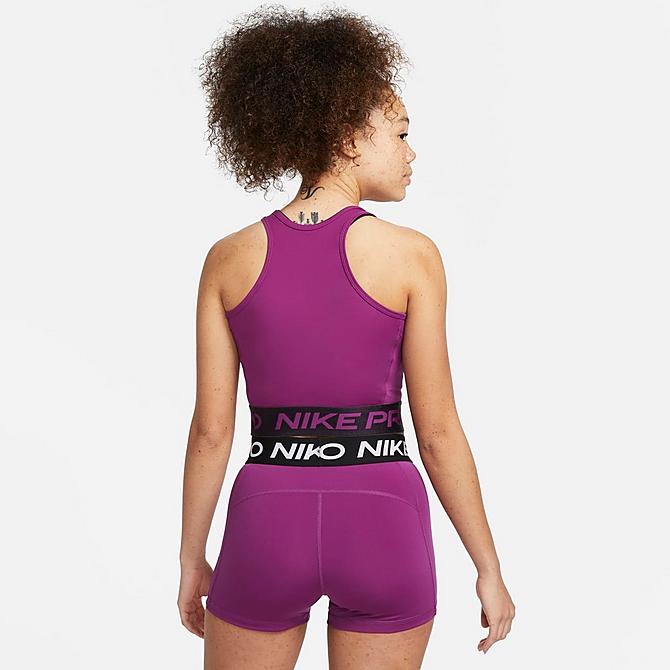 Back Left view of Women's Nike Pro Dri-FIT Graphic Crop Tank in Viotech/Cave Purple/Desert Berry Click to zoom