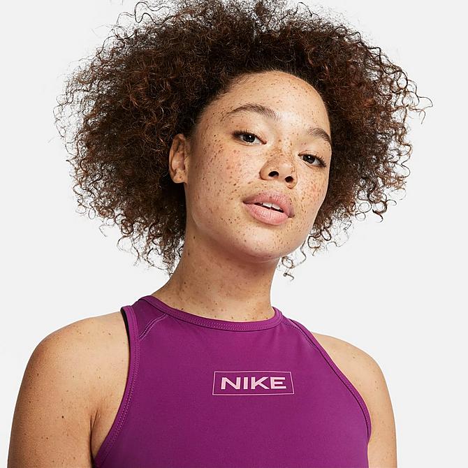 Back Right view of Women's Nike Pro Dri-FIT Graphic Crop Tank in Viotech/Cave Purple/Desert Berry Click to zoom