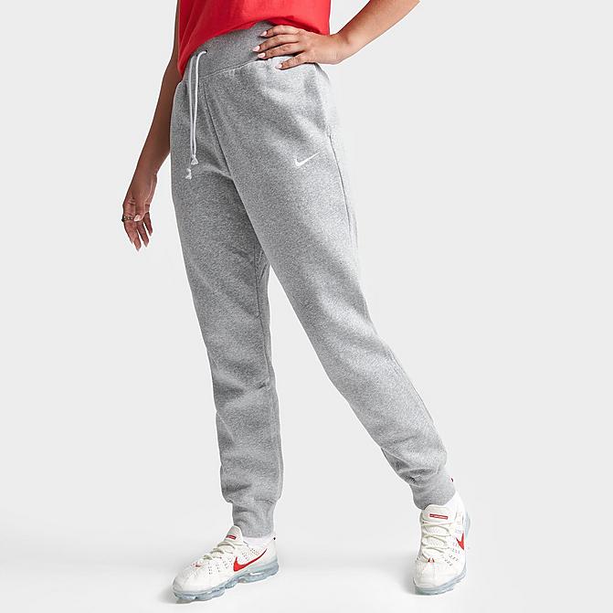 Front view of Women's Nike Sportswear Phoenix Fleece High-Waisted Jogger Sweatpants in Dark Grey Heather/Sail Click to zoom