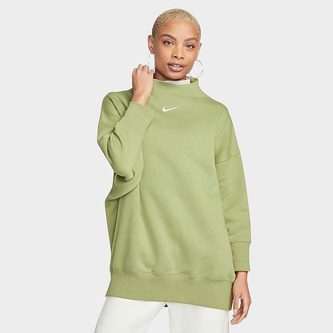 Front view of Women's Nike Sportswear Phoenix Fleece Over-Oversized Mock Neck Cropped Sleeve Sweatshirt in Alligator/Sail Click to zoom