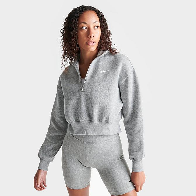 Front view of Women's Nike Sportswear Phoenix Fleece Oversized Half-Zip Crop Sweatshirt in Dark Grey Heather/Sail Click to zoom