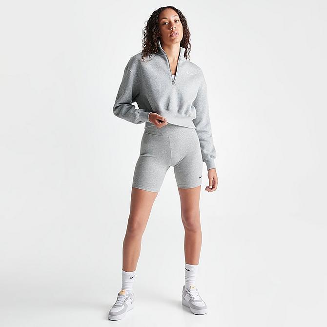 Front Three Quarter view of Women's Nike Sportswear Phoenix Fleece Oversized Half-Zip Crop Sweatshirt in Dark Grey Heather/Sail Click to zoom