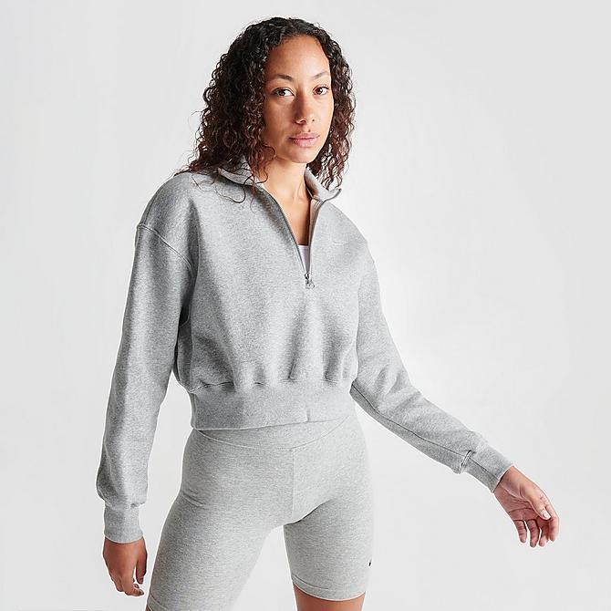 Back Left view of Women's Nike Sportswear Phoenix Fleece Oversized Half-Zip Crop Sweatshirt in Dark Grey Heather/Sail Click to zoom