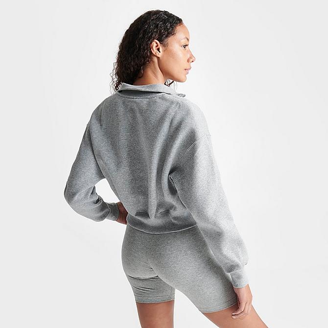 Back Right view of Women's Nike Sportswear Phoenix Fleece Oversized Half-Zip Crop Sweatshirt in Dark Grey Heather/Sail Click to zoom