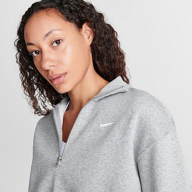 On Model 5 view of Women's Nike Sportswear Phoenix Fleece Oversized Half-Zip Crop Sweatshirt in Dark Grey Heather/Sail Click to zoom