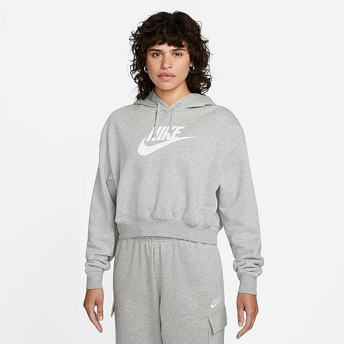 Front view of Women's Nike Sportswear Club Fleece Crop Hoodie in Dark Grey Heather/White Click to zoom