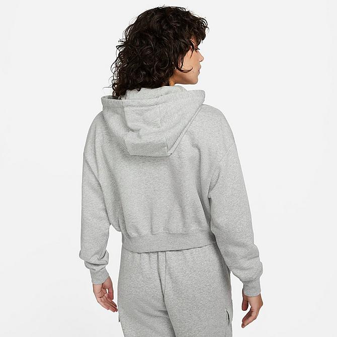 Front Three Quarter view of Women's Nike Sportswear Club Fleece Crop Hoodie in Dark Grey Heather/White Click to zoom