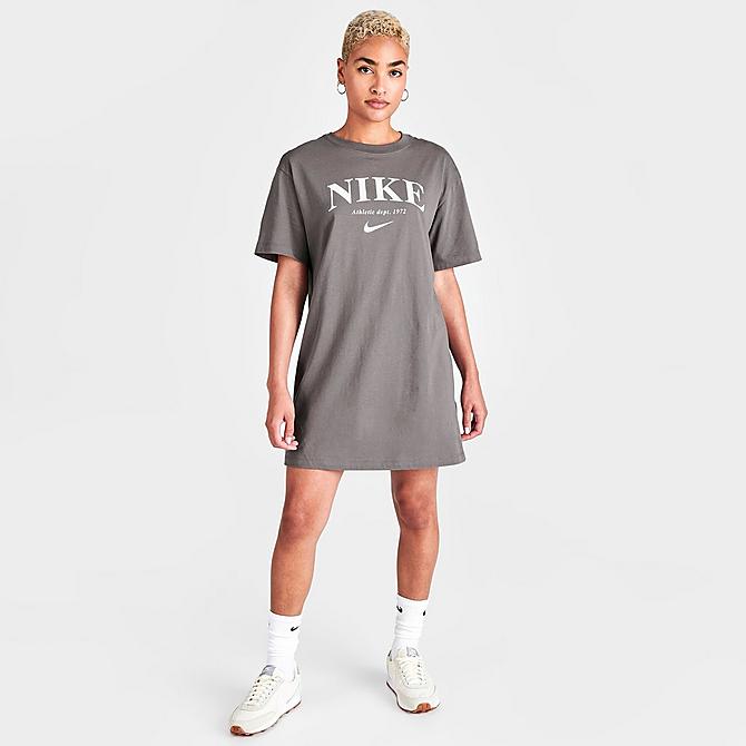Front Three Quarter view of Women's Nike Sportswear Short-Sleeve Graphic Dress in Cave Stone/White Click to zoom